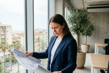 Jeune femme fondatrice de start-up examinant des plans de bureaux dans un espace de coworking moderne à Nice avec vue sur la ville