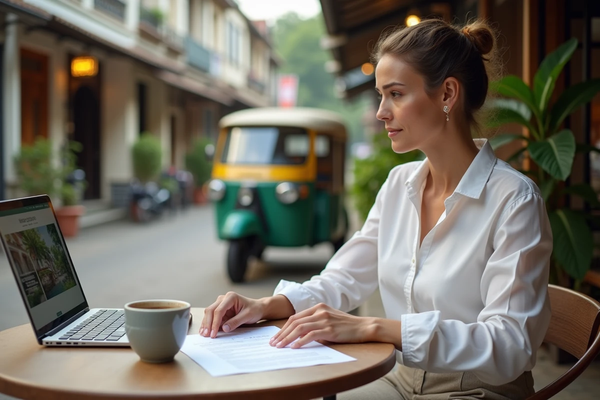 Femme française étudiant un contrat immobilier thaïlandais en terrasse de café à Chiang Mai