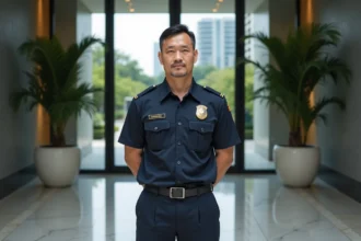 Gardien de sécurité en uniforme à l'entrée d'une résidence de condominium moderne à Bangkok