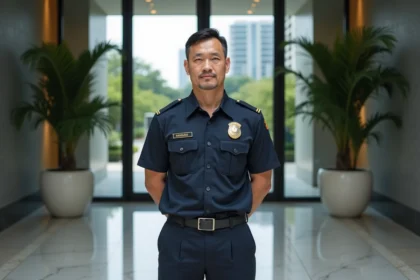 Gardien de sécurité en uniforme à l'entrée d'une résidence de condominium moderne à Bangkok