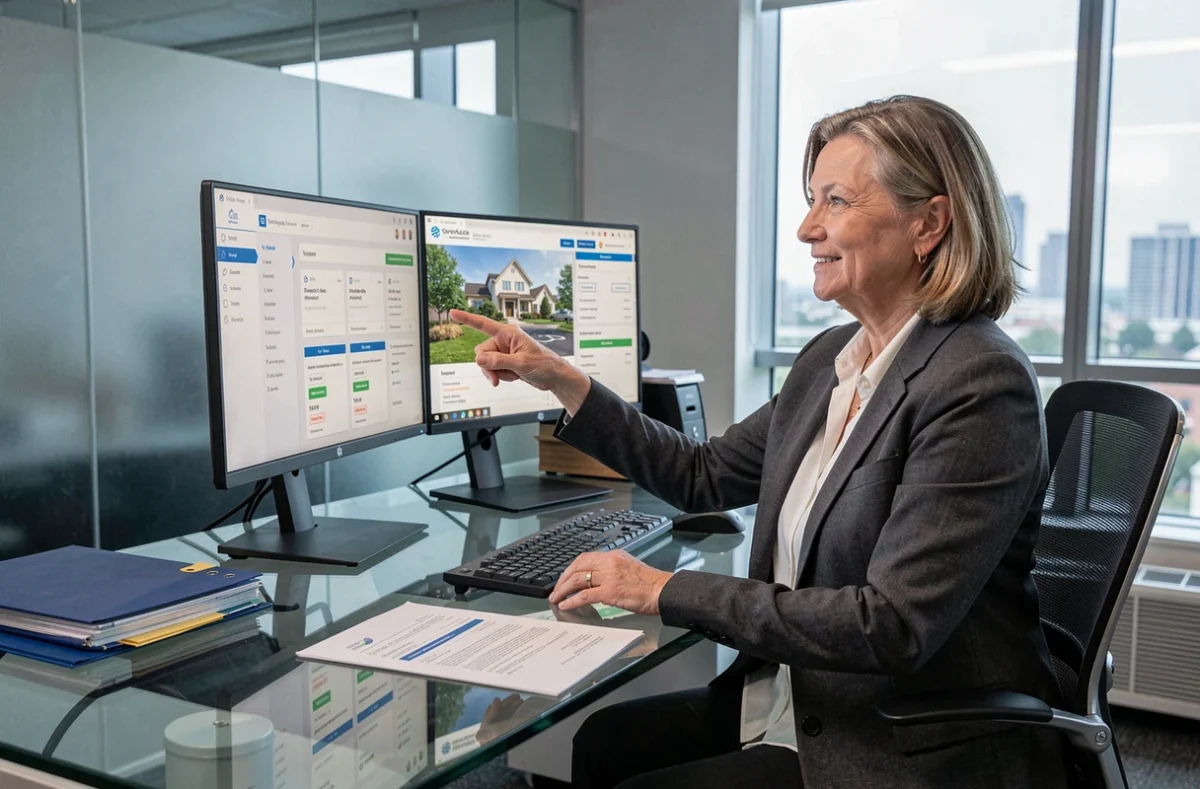 Professionnelle de l'immobilier naviguant dans un tableau de bord de gestion locative sur deux écrans dans un bureau moderne