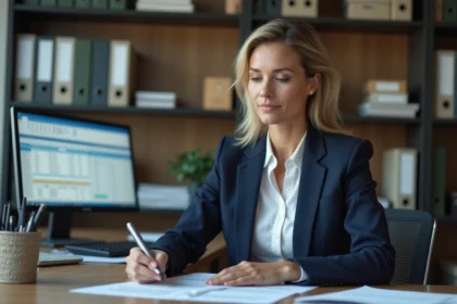 Gestionnaire de copropriété examinant le registre des copropriétaires dans un bureau administratif professionnel