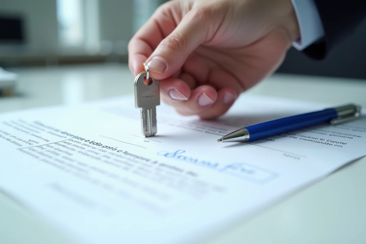 Gros plan sur une remise de clé en main propre avec attestation signée et stylo sur un bureau
