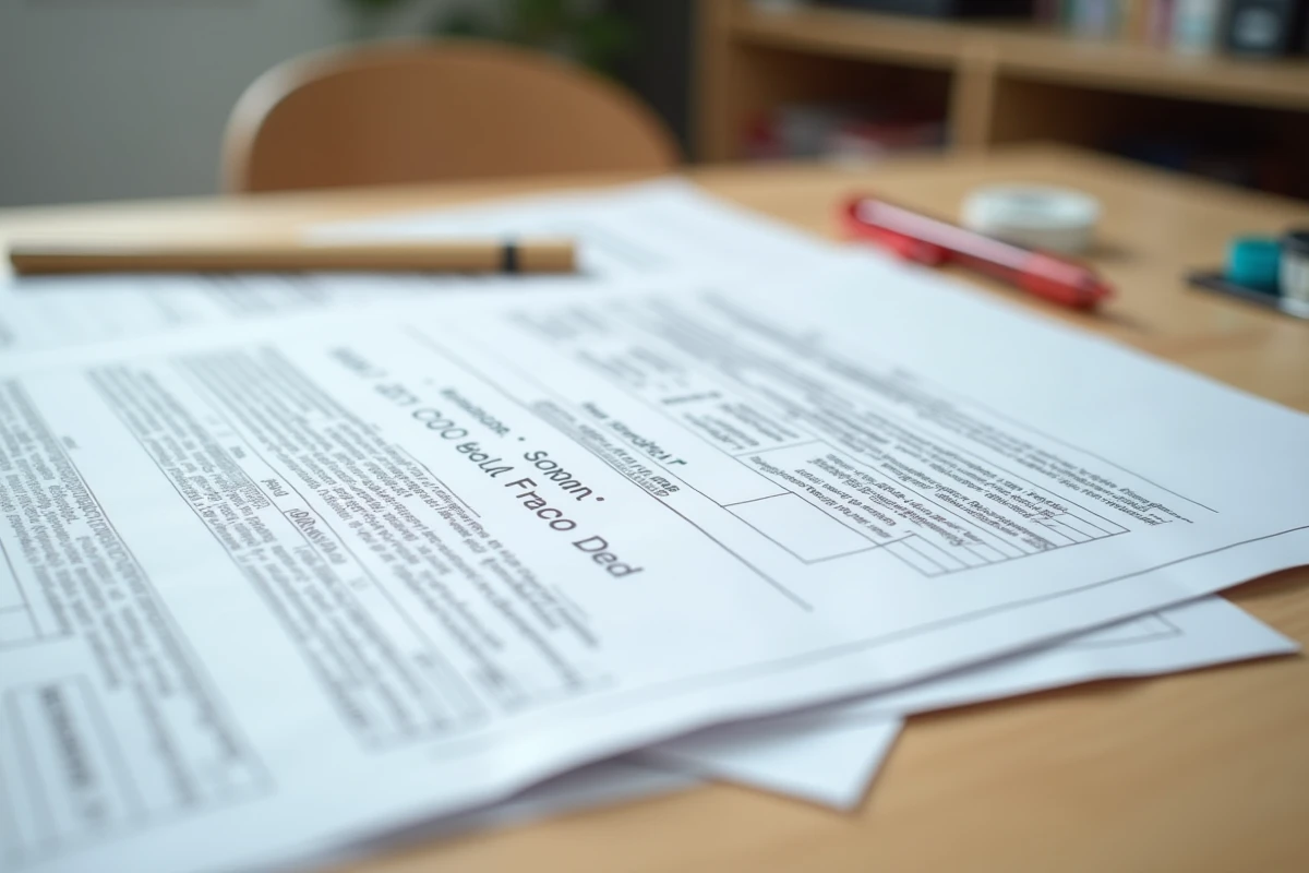 Gros plan sur un panneau de déclaration préalable de travaux posé sur un bureau avec des documents administratifs