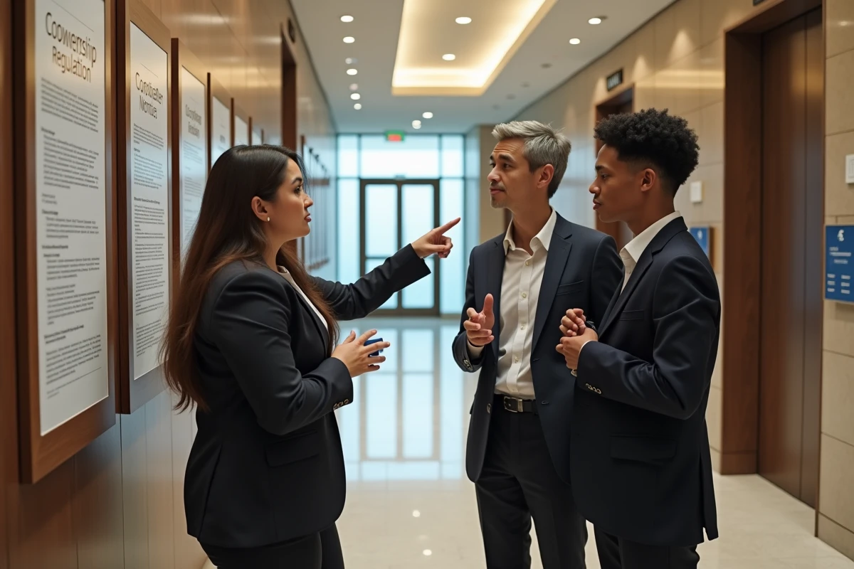 Groupe de personnes examinant un panneau de règlements