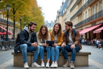Groupe d'étudiants parisiens souriants devant une université