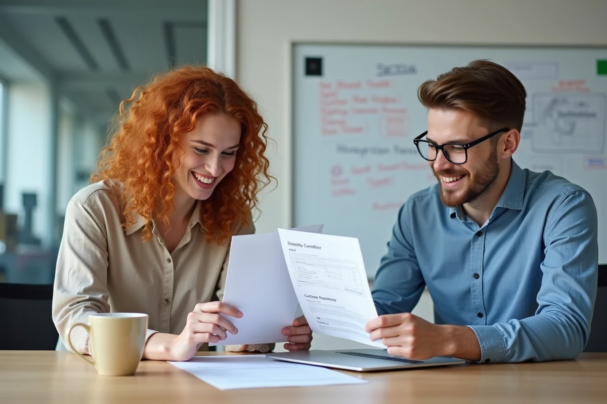 Deux développeurs consultant un guide de configuration prop.itea en salle de réunion