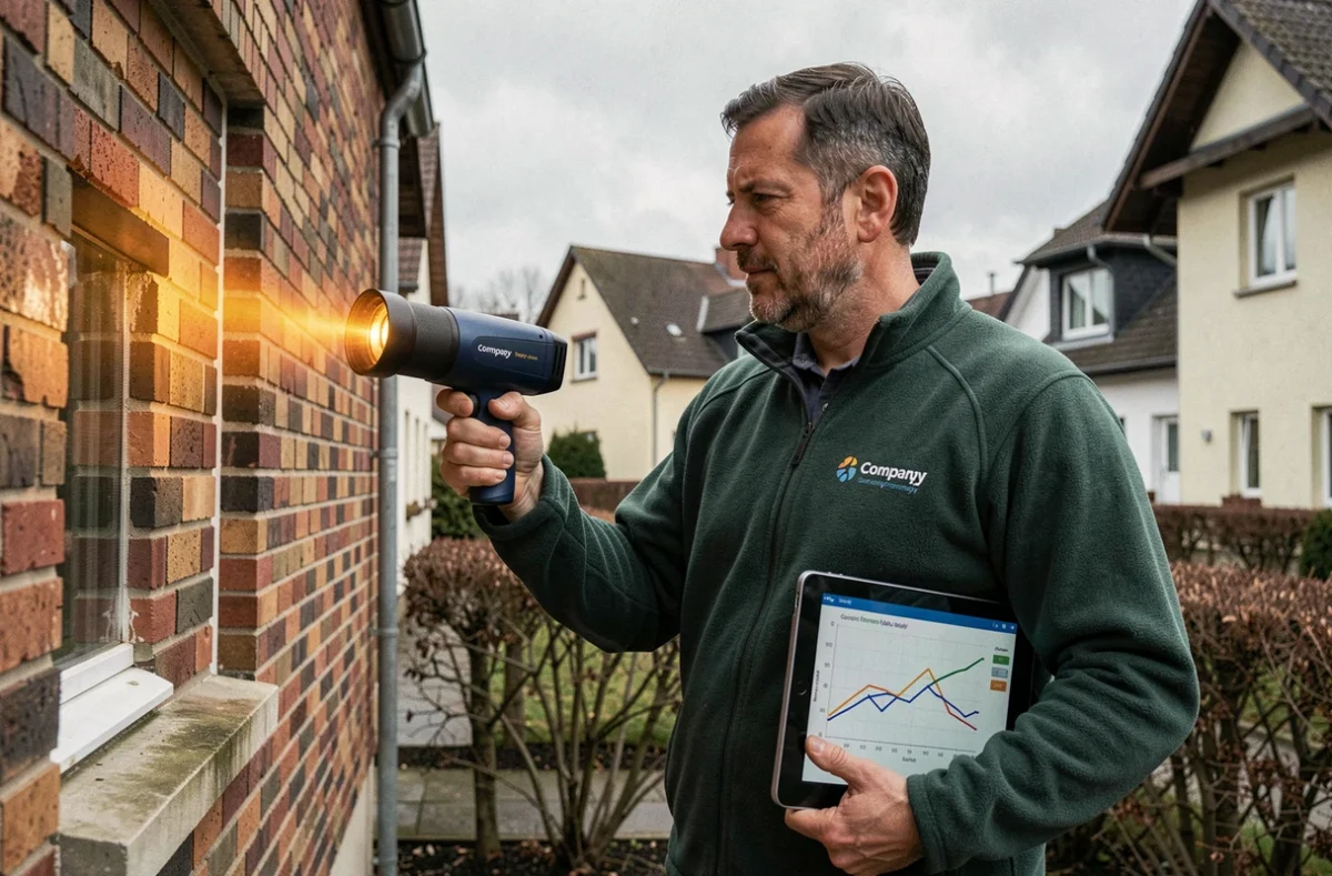 Auditeur énergétique GV Energies réalisant un DPE avec caméra thermique sur une maison résidentielle en Lorraine