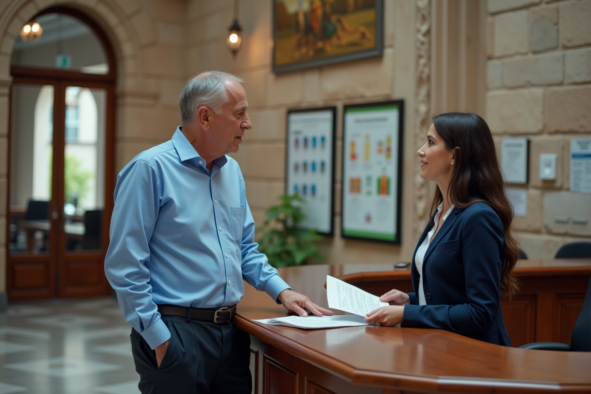 Homme en costume parlant à une agente dans un bâtiment officiel