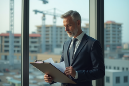 Homme d'affaires examinant des documents dans un bureau moderne