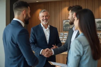Homme d'affaires serrant la main d'un couple dans une agence immobiliere