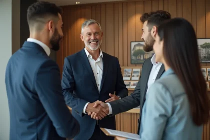 Homme d'affaires serrant la main d'un couple dans une agence immobiliere