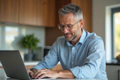 Homme d'âge moyen analysant des annonces immobilières dans une cuisine moderne