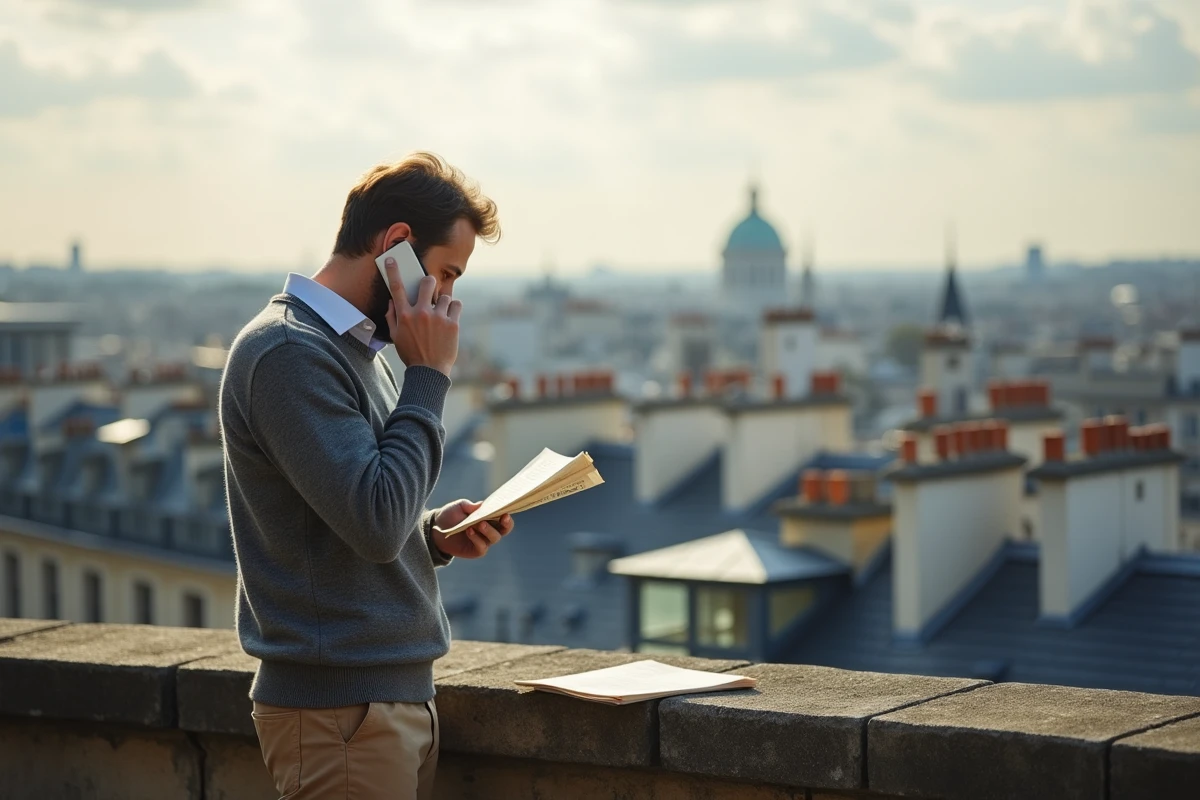 Homme parle au téléphone sur un balcon avec vue sur Paris