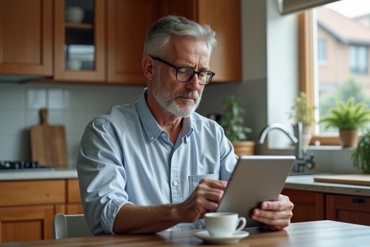 Homme consultant le site immobilier-coteaux.com sur une tablette pour préparer un investissement locatif en 2026