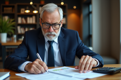 Homme d'âge moyen en costume examinant des documents de prêt