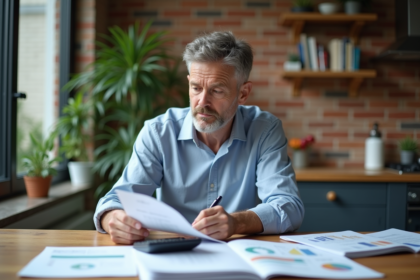 Homme d'âge moyen examinant des documents immobiliers dans une cuisine moderne