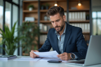 Homme d affaires en costume examine des documents de prêt