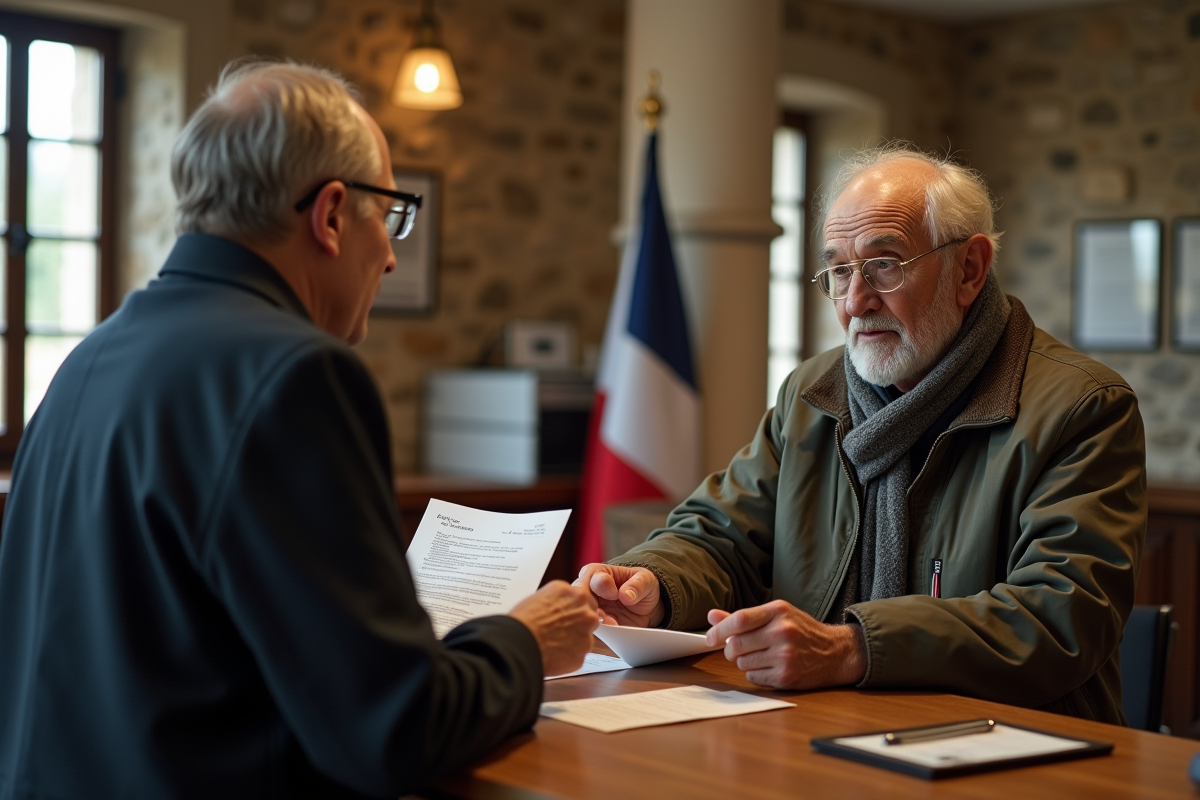 Homme âgé remet une lettre à un agent municipal dans une mairie