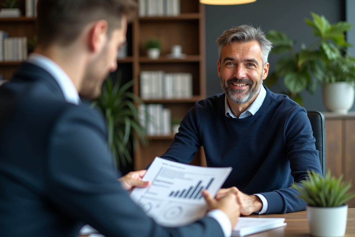 Homme remettant un dossier à un conseiller financier dans un bureau