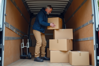 Homme middleaged empilant cartons dans camion de déménagement