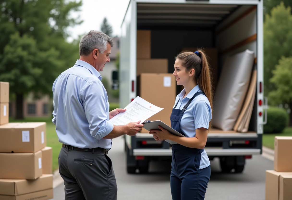 Homme vérifiant un devis de déménagement avec une employée