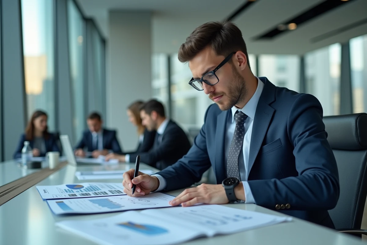 Jeune homme en costume analyse des graphiques financiers