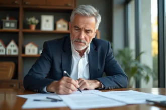 Homme d'âge moyen en blazer analysant des documents immobiliers