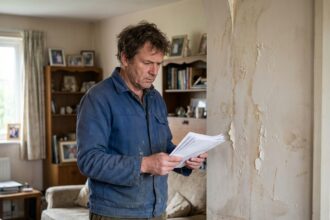 Homme inquiet examinant des documents dans un salon endommagé