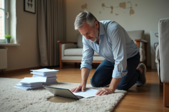 Homme d'âge moyen examinant une tache d'eau sur un tapis humide