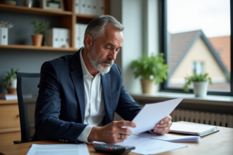 Homme d'âge moyen en blazer bleu examine documents SCPI