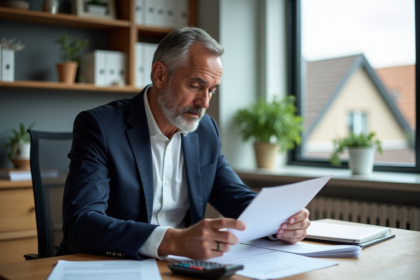 Homme d'âge moyen en blazer bleu examine documents SCPI