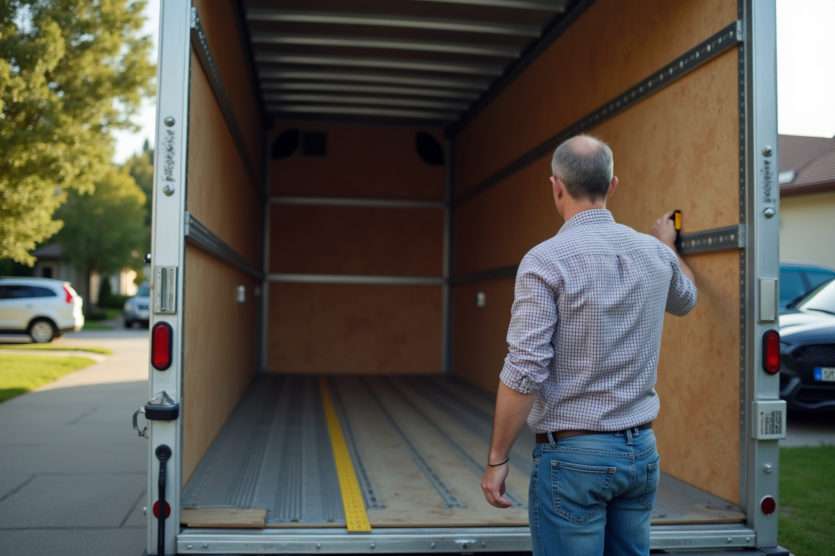 Homme mesure intérieur d’un camion de déménagement extérieur