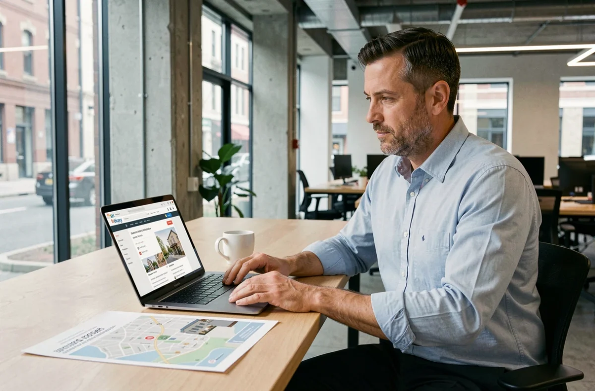 Homme en tenue professionnelle recherchant un logement de relocation sur un ordinateur portable dans un espace de coworking moderne après une mutation
