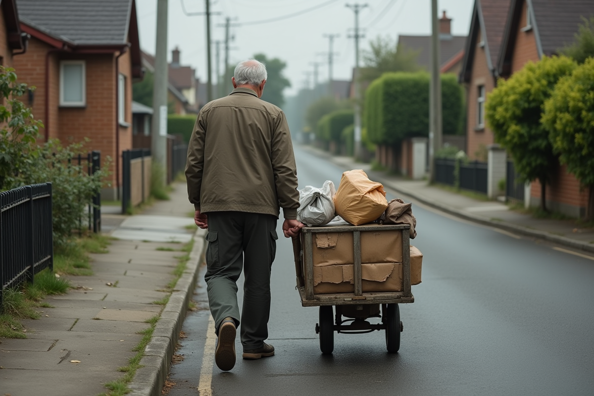 Homme poussant un chariot avec des sacs dans une rue de banlieue