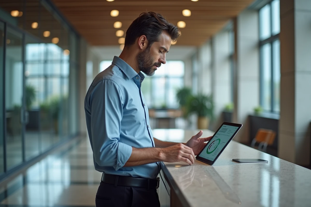 Homme d affaires consultant un tableau sur une tablette au bureau