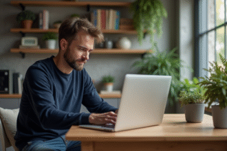 Homme en casual recherchant des appartements en ligne