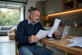 Homme concentré avec devis de renovation garage