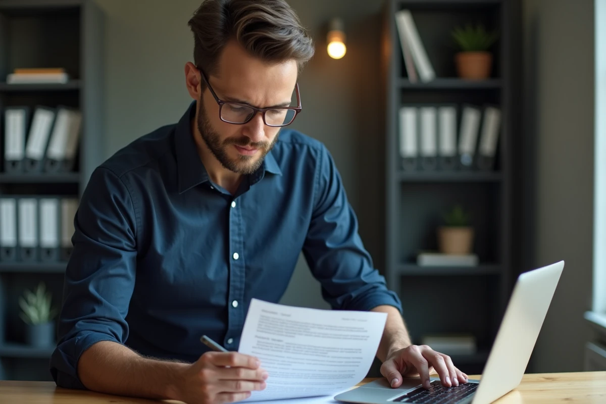 Homme relisant une lettre de préavis imprimée dans un bureau à domicile avec ordinateur portable