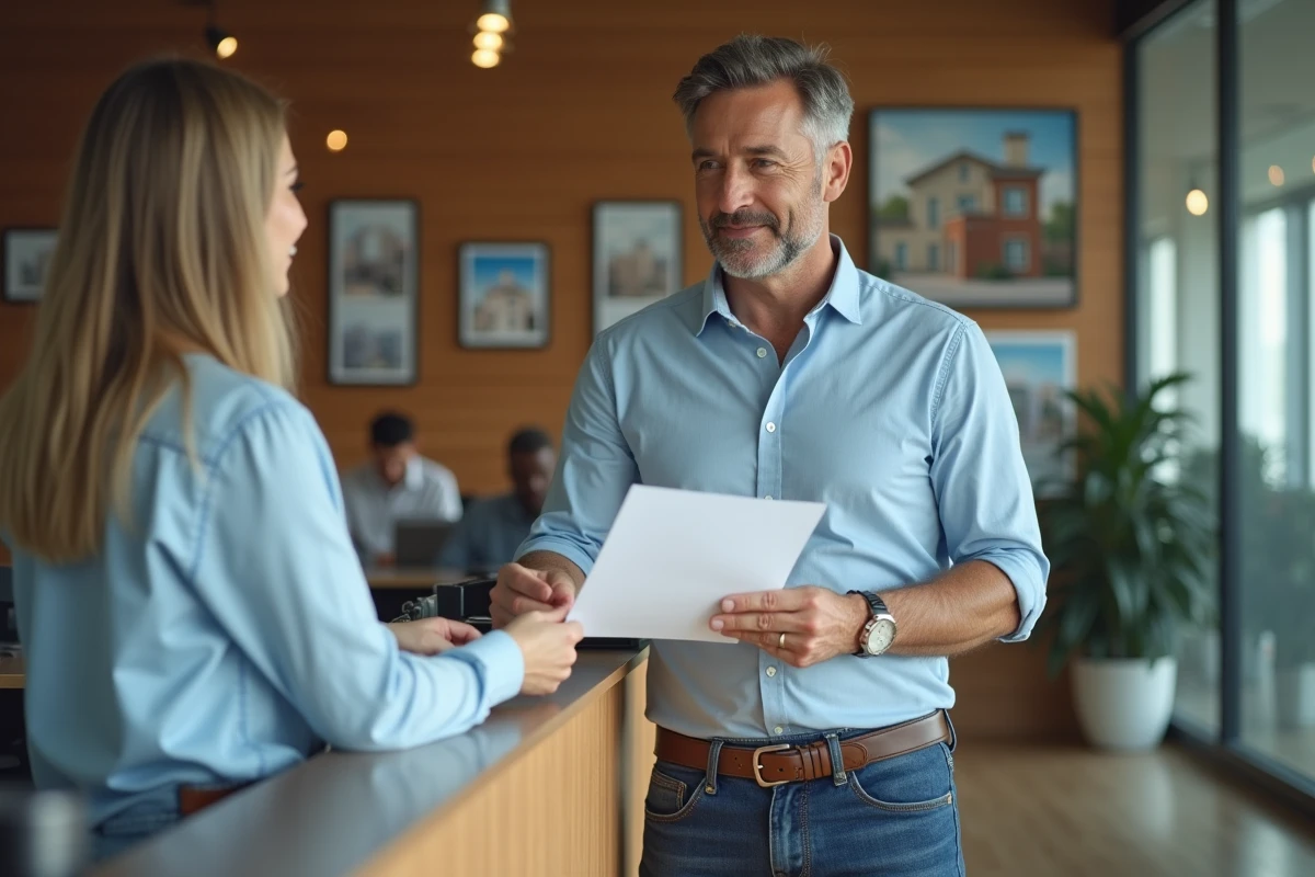 Homme remettant un contrat à une réceptionniste en agence immobilière