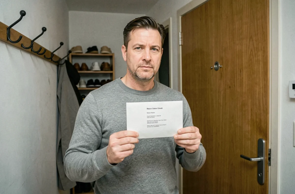Homme tenant une lettre de résiliation d'assurance habitation dans l'entrée de son appartement