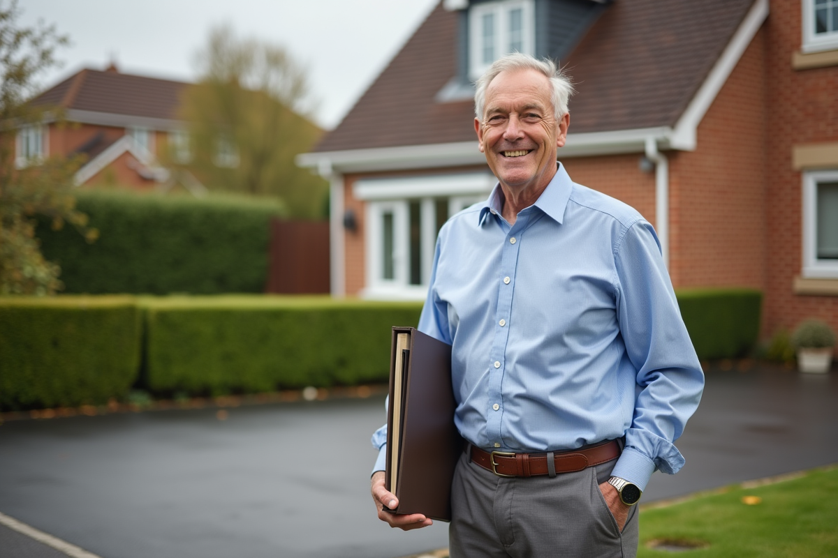 Homme senior souriant devant une maison en banlieue avec dossier immobilier