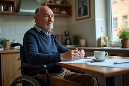 Homme d'âge moyen en fauteuil au bureau à domicile