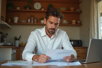 Homme seul consultant des documents de crédit immobilier à une table en bois dans un appartement, illustrant le remboursement d'un prêt immobilier en indivision