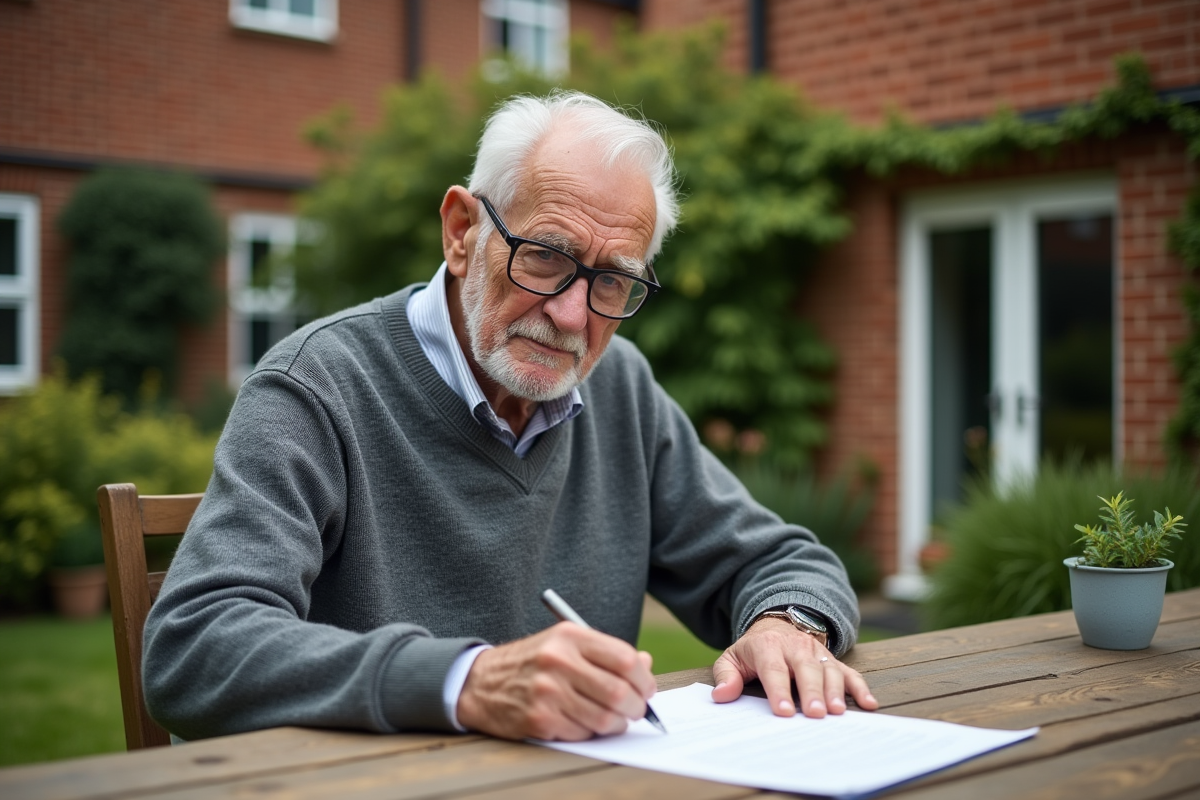 Homme âgé signant un contrat dans un jardin en extérieur
