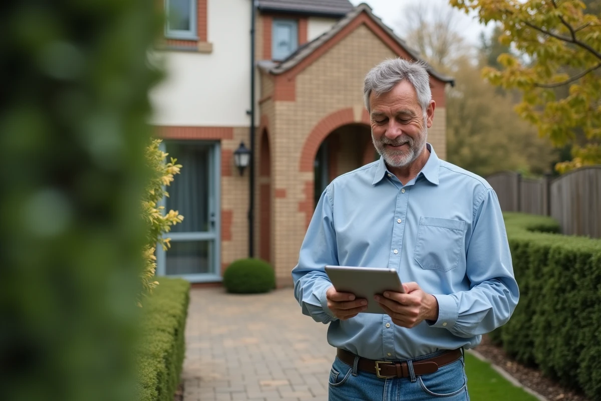 Homme vérifiant des détails immobiliers devant une maison de banlieue
