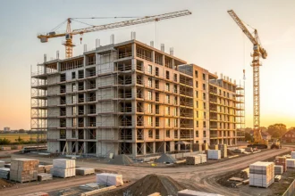 Immeuble résidentiel neuf en construction au soleil couchant