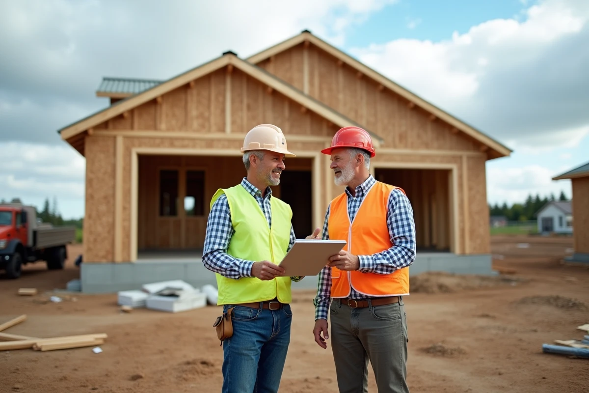 Deux professionnels du bâtiment membres d'une association de constructeurs inspectant un chantier de construction résidentielle avec une liste de contrôle, représentant les critères de fiabilité et de professionnalisme à vérifier