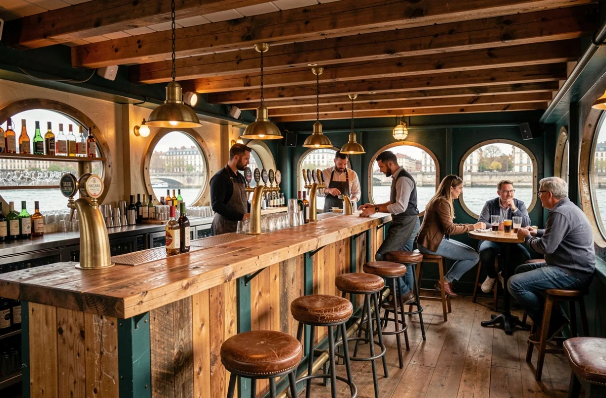 Intérieur du bar d'une péniche aménagée à Lyon pendant l'afterwork, avec comptoir en bois et tireuses à bière
