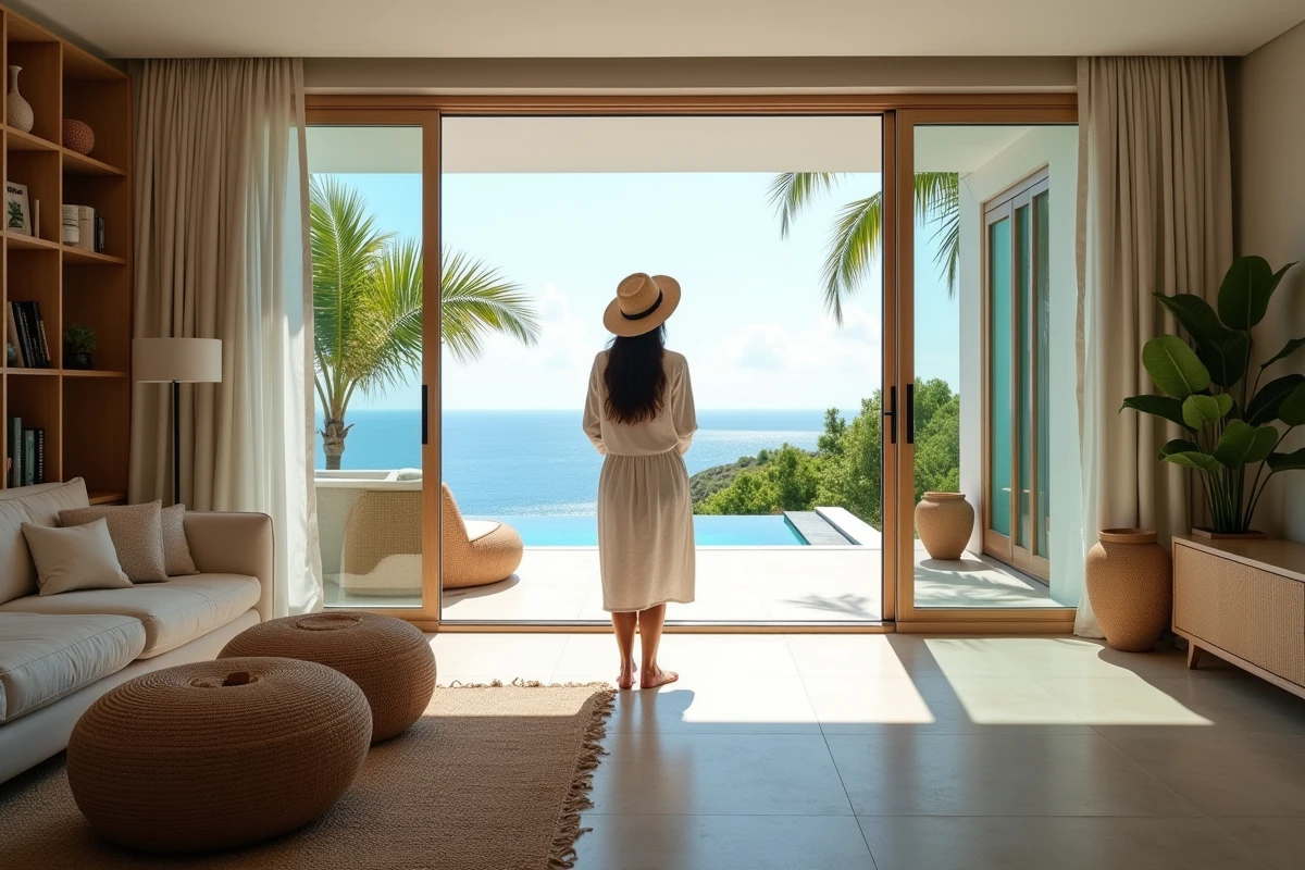 Intérieur élégant d'une villa privée à Saint-Barthélemy avec vue sur la terrasse et la végétation tropicale